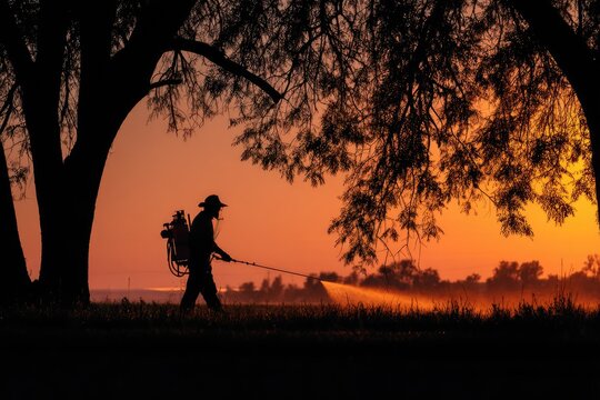 Farmer spraying crops at sunset silhouette.