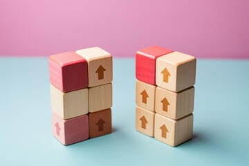 Obraz premium Wooden blocks with upward arrows symbolizing business growth and progress