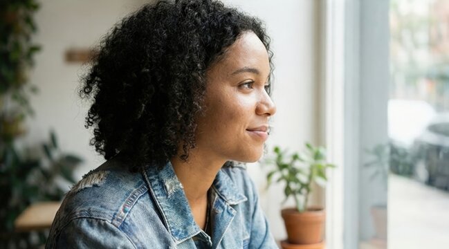 young woman with curly hair in a denim jacket sits by a cafe window looking outside. Urban cafe lifestyle, quiet reflection, casual portrait, daytime break.