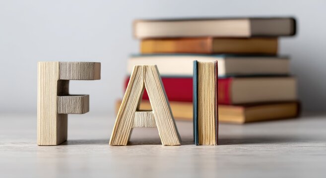 Wooden Letters Spell FAI in Front of Stacked Books.