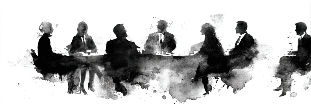 Silhouette of business people in a meeting around a table, abstract watercolor style.