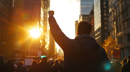 Fototapeta premium A Silhouette of Triumph: Protestor's Fist Raised at Sunset in the City
