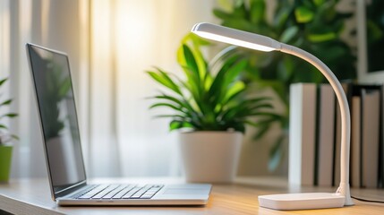 Fototapeta premium Laptop, Desk Lamp, and Plants in a Home Office Setting