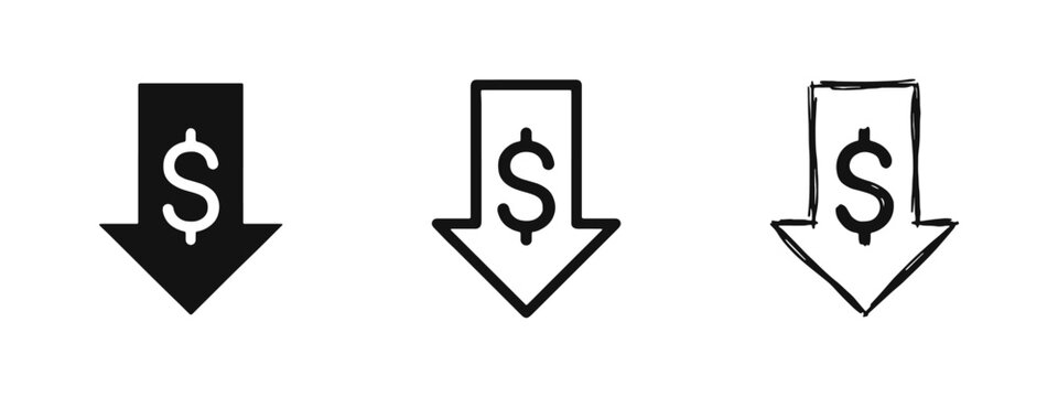 Price Drop Dollar Arrow Icons Set - Financial Loss and Inflation Decrease Symbol