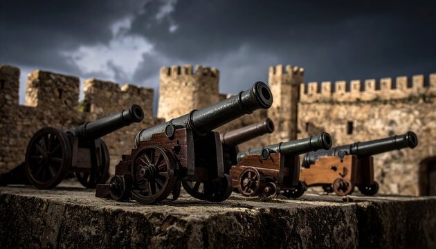 A collection of weathered miniature historical cannons displayed on a stone parapet in front of an ancient castle fortification under a moody and dramatic cloudy sky at dusk.
