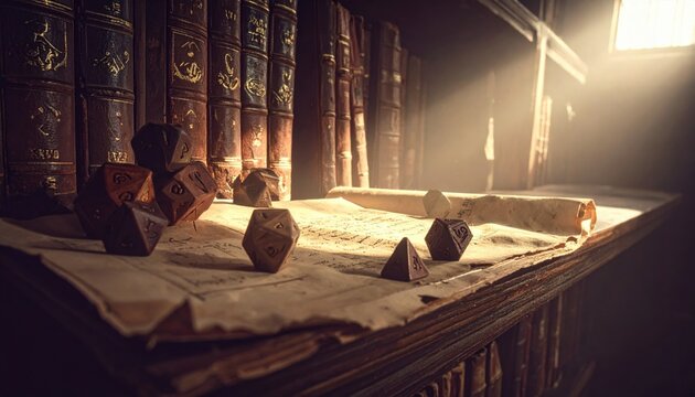 An assortment of intricately carved wooden dice with etched combat symbols scattered across an old parchment map in a dimly lit library filled with ancient leather bound books.