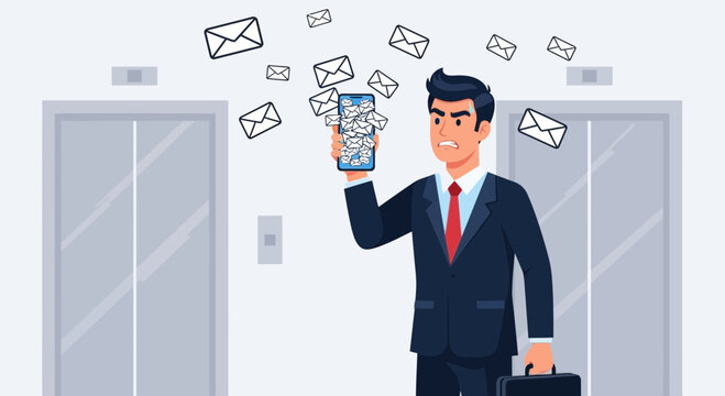 Overwhelmed businessman drowning in emails on his smartphone in front of elevators