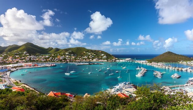 panoramic view of the bay of marigot with luxury yachts and boats in the harbor caribbean island of saint martin sint maarten french west indies header