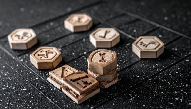 Stacked uniquely shaped polymer tokens with embossed faction symbols resting on a dark textured gaming surface.