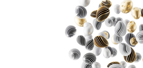 Stylish 3D rendered Easter egg ornaments, silver and gold tones on white background, conveying celebration and freshness © vegefox.com