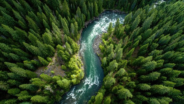 Aerial View of a Pristine River Winding Through a Dense Evergreen Forest.
