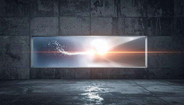 Quantum tunneling through a potential barrier depicted as a fleeting glimpse of a subatomic particle shifting through a digital space in an industrial setting.