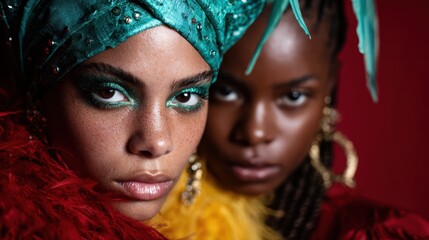 Fototapeta premium A striking portrait showcasing two models in stunning headpieces and vibrant outfits, highlighting bold makeup and expressive emotions in a dramatic setting.