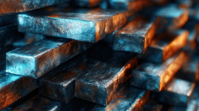 Close-up of metallic blocks showcases intricate textures and vibrant blue and orange hues, illustrating the beauty of materiality and industrial design in a dynamic composition.