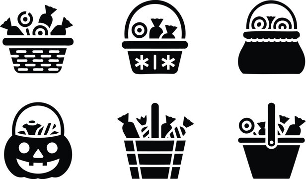Black silhouette icons of Halloween trickortreat baskets and bags filled with candy  various designs and styles