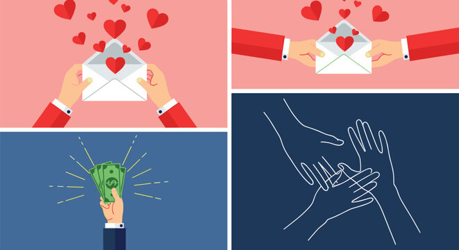 Illustration showing love letter with hearts, shared envelope of kindness, financial money exchange, and teamwork supportive hands connection