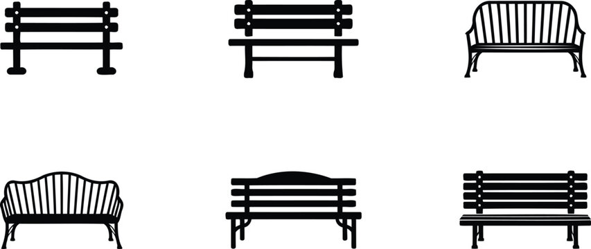 Collection of six different park bench silhouettes in various styles and designs for outdoor seating areas  benches
