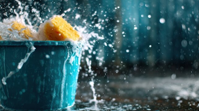 A vibrant sponge is dropped into a bucket of water, creating splashes and ripples, symbolizing freshness and the joy of cleaning and playfulness.
