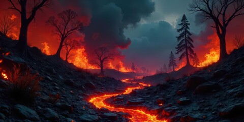 Fototapeta premium Fiery Inferno River Valley A Dramatic Landscape of Burning Trees and Molten Lava Flowing Through a Dark, Rocky Terrain Under a Gloomy Sky