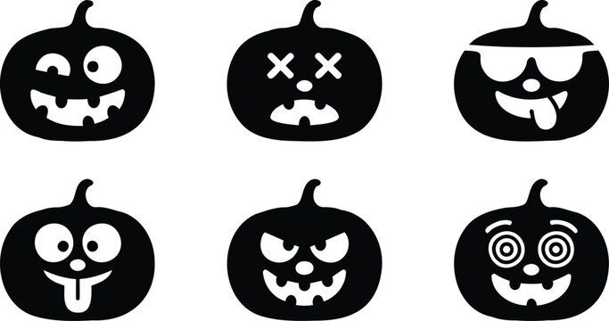 Six black pumpkin faces with different expressions on white background for Halloween decoration  various emotions
