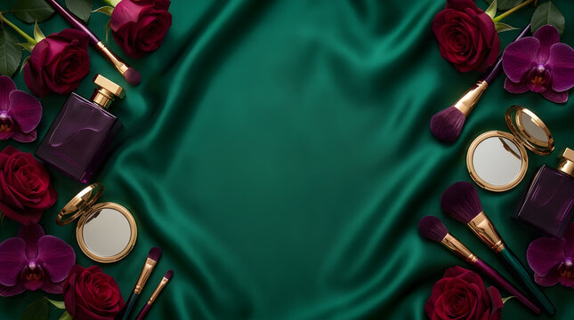 Luxury cosmetics frame with perfume bottles makeup brushes roses and orchids on emerald silk background with copy space for beauty products promotion