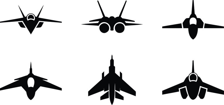 Six different black silhouettes of fighter jets in various positions and angles flying high  military aircraft icons set