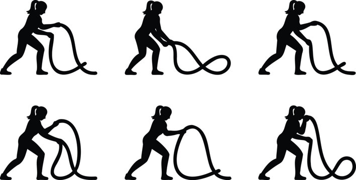 Woman exercising with battle ropes in various fitness poses and movements  dynamic workout routine