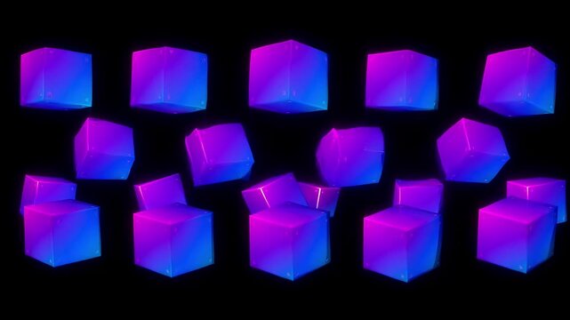 Collection of vibrant neon magenta and blue glowing 3D geometric cubes and boxes arranged on black background. Perfect for digital video backgrounds and motion graphics.