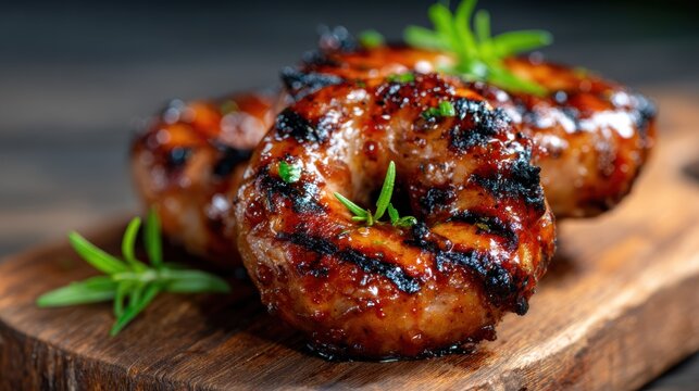 A tantalizing display of grilled sausages garnished with fresh green herbs, perfect for a summer barbecue or casual gathering with friends and family.