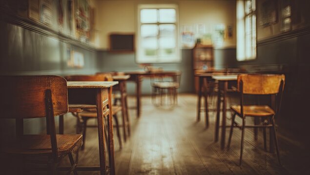 Vintage Classroom Interior with Wooden Desks and Chairs.