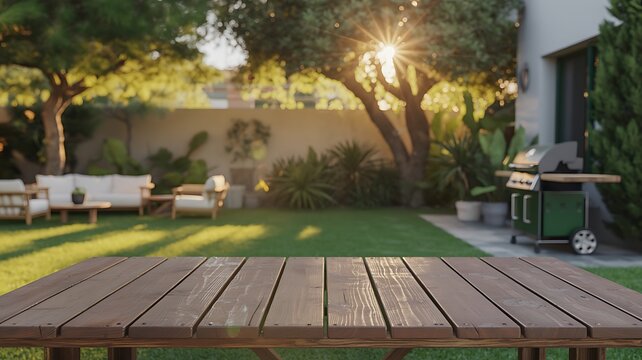Brown wooden deck table in backyard with green lawn and grill