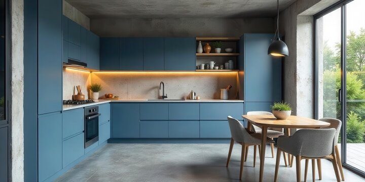 Modern kitchen design with sleek blue cabinetry, integrated appliances, and a light oak dining table set near a large window