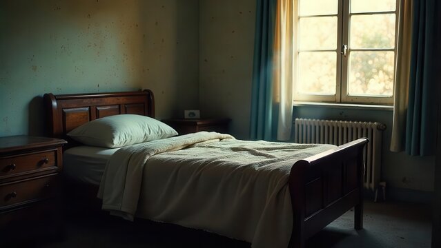 A dimly lit bedroom featuring a wooden single bed with a cream-colored blanket, a wooden nightstand, and teal curtains framing a sunlit window