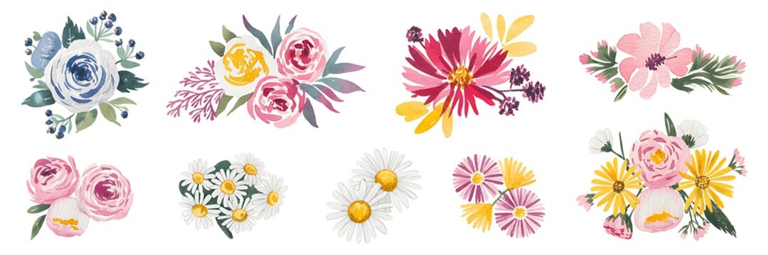 Set of 10 watercolor floral bouquet illustrations