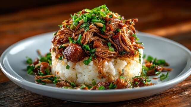 A mouth-watering presentation of pulled pork served over rice, topped with fresh herbs, showcasing the allure of comfort food and appetizing culinary art.