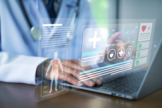 octor using computer AI technology to support patient care, health data management and insurance processing.