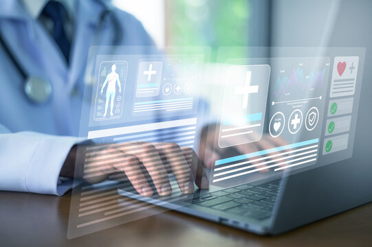 octor using computer AI technology to support patient care, health data management and insurance processing.