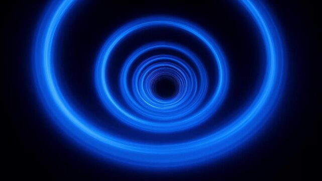 Abstract video background featuring bright blue neon concentric circles creating a tunnel effect spinning toward black center, modern digital motion graphic design.