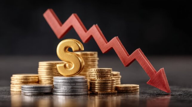 Dramatic Currency Decline with Golden Symbol on Stacked Coins and Falling Red Arrow Illustrating Economic Downtrend in Macro Photography