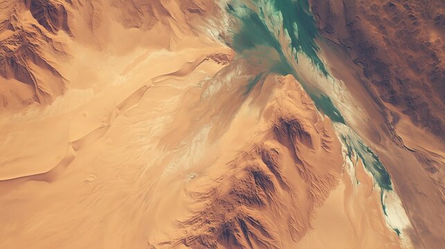 Space Aerial Massive Sinuous Sand Dune Slug-like Commercial Asset, Dramatically Cutting Textured Floodplain, Geological Abstract Art Background