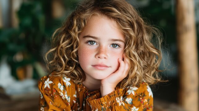 A young girl with curly hair and freckles rests her head on her hand, capturing a moment of thoughtfulness and innocence amidst a serene and natural background.