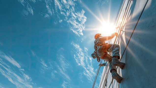 Skilled worker rappels down skyscraper facade under bright sun.