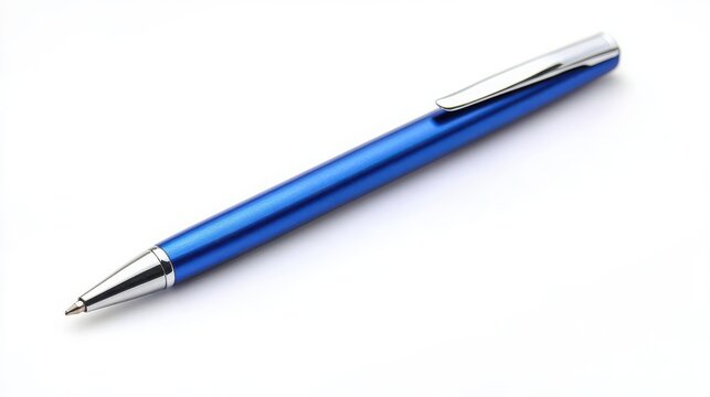 A blue pen with a silver tip lies on a white surface