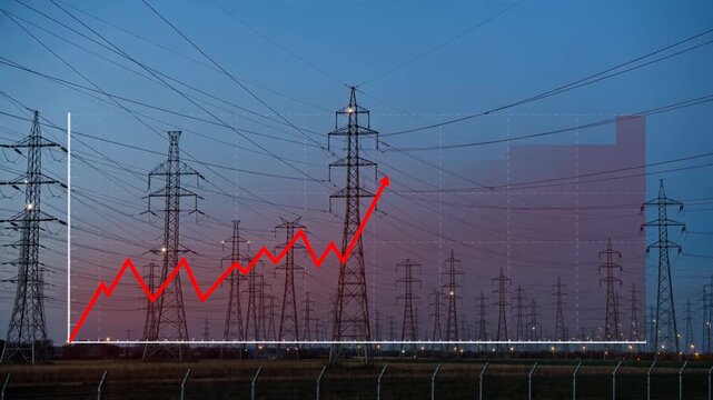 Rising red line graph over high voltage power lines. Conceptual visualization of increasing electricity costs and energy demand. Lockdown shot.