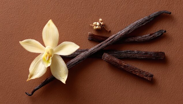 Beautiful Vanilla Flower and Pods on Brown Background.