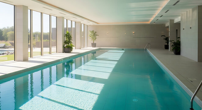 A modern indoor swimming pool with large windows overlooking a green landscape, featuring a sleek design and natural light.
