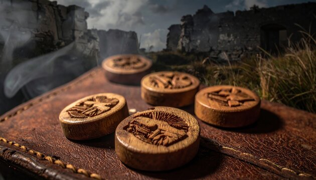 Textured wooden tokens with carved symbols of ancient warfare on a distressed leather surface with a backdrop of ruins, evoking a sense of historical strategy and mystical adventure.