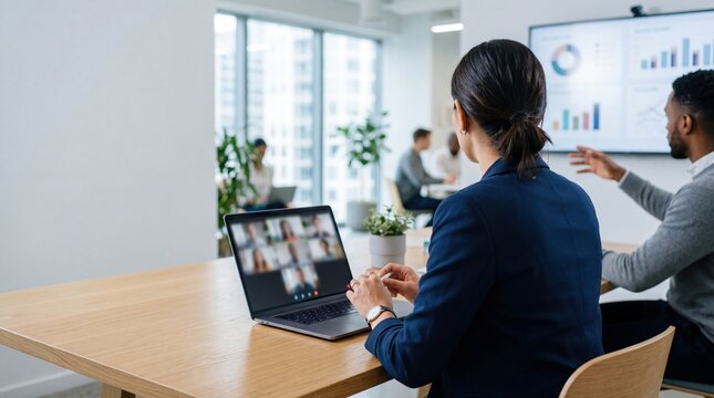 Business professionals participating in hybrid work meeting team discussion with video conference on laptop screen data presentation chart on display modern open office corporate