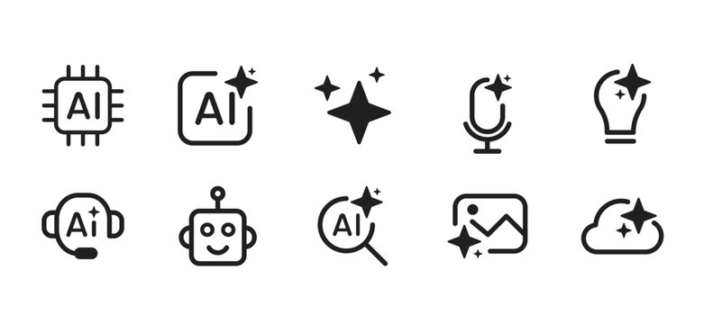 AI Search Chatbot Icon Set, Artificial Intelligence Tools, Image Text Video UI Line Vector Icons