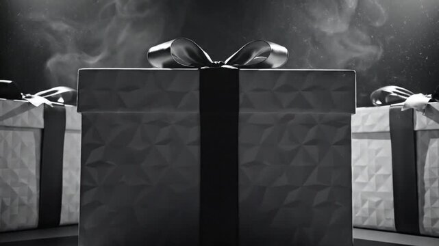 Mysterious cinematic scene with three black gift boxes, ribbon bows, and fog, in monochrome